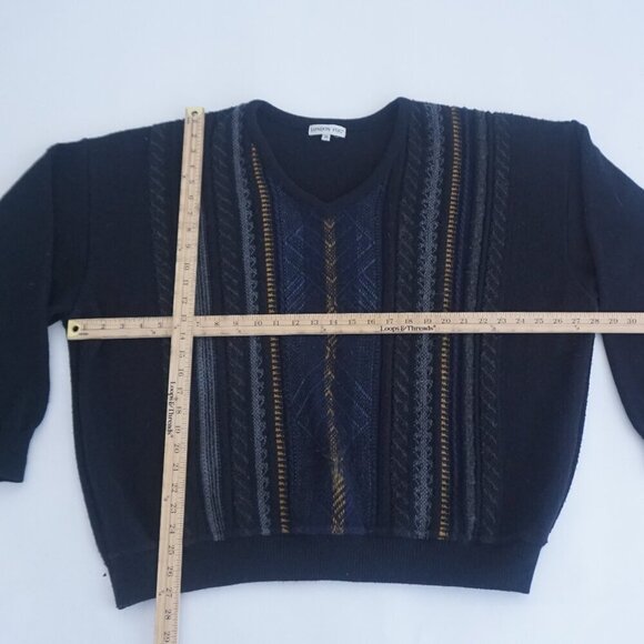 Vintage '80S Leather Fog Black 3D  Eclectic Grandpa Wool V-Neck Knit Sweater 3X - Picture 3 of 10